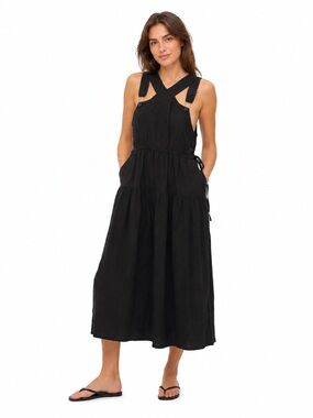 Madewell $148 Poplin Halter Tiered Midi Dress Black Size 6 NL129
